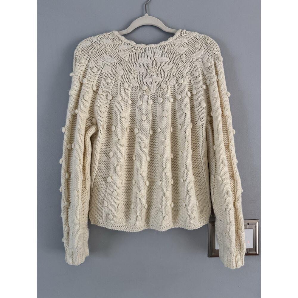 Hunter Bell Cream Pom Pom Chunky Knit Cardigan Sweater Women’s Size Large Wool - Picture 2 of 6